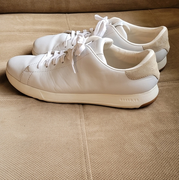 Cole Haan White Leather Sneakers with Tan Suede Heel Accent